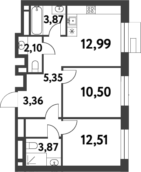 2-комн., 54.55 м², 6/16 этаж, ЖК «Смарт Гарден»