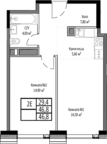 2-комн., 46.8 м², 26/35 этаж, ЖК «Мираполис»