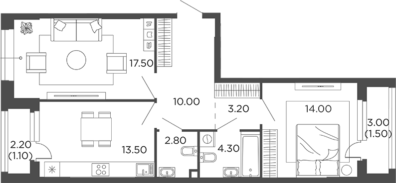 2-комн., 65.3 м², 1/12 этаж, ЖК «Филатов Луг»