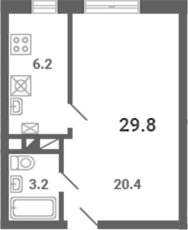 1-комн., 29.8 м², 1/4 этаж, ЖК «Южная Долина»