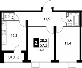 2-комн., 55.8 м², 24/24 этаж, ЖК «1-й Донской»