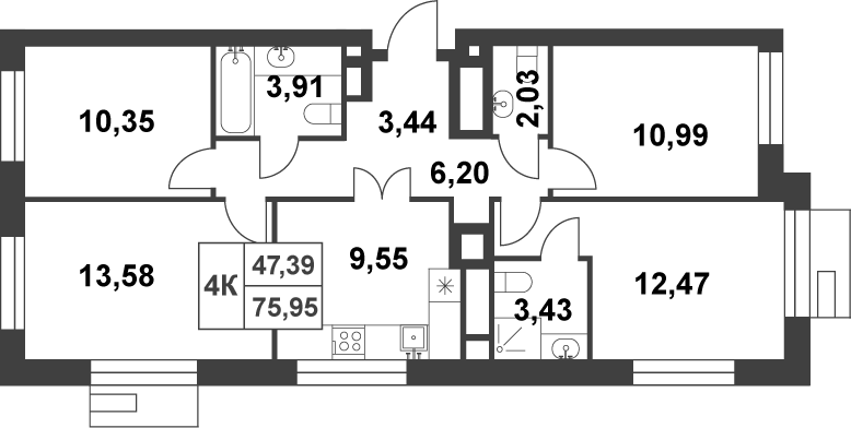 4+ комнаты, 75.95 м², 12/16 этаж, ЖК «Смарт Гарден»