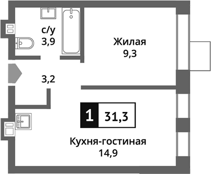 2-комн., 31.3 м², 9/9 этаж, ЖК «Никольский квартал Отрада»