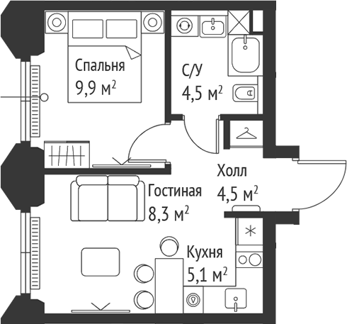 2-комн., 32.2 м², 9/28 этаж, ЖК «СЕТ»