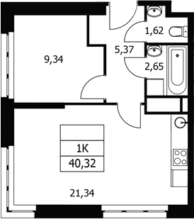 1-комн., 40.32 м², 20/21 этаж, ЖК «Волковская 67»