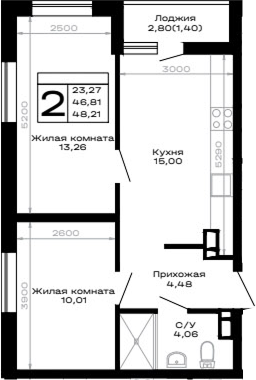 2-комн., 46.81 м², 3/16 этаж, ЖК «Горные высоты»