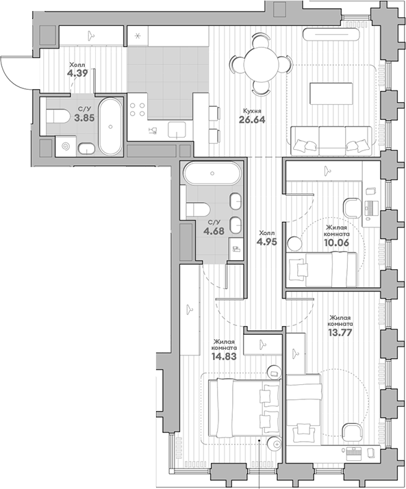 3-комн., 83.17 м², 33/44 этаж, ЖК «ИНДИВО»