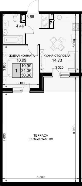1-комн. квартира, 34.06 м² в ЖК Фонтаны — фото 2