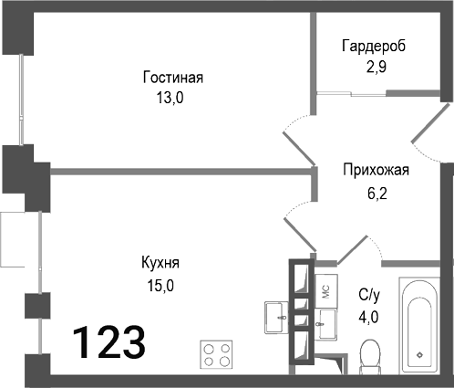 1-комн., 41.1 м², 2/8 этаж, ЖК «Киноквартал»