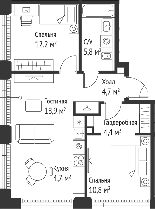 3-комн., 61.3 м², 20/28 этаж, ЖК «СЕТ»