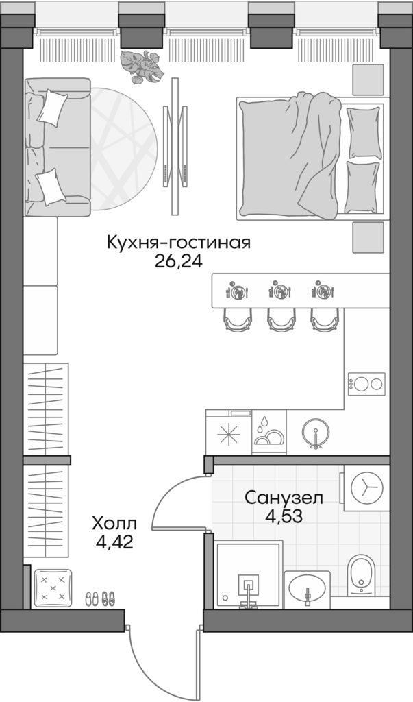Студия, 34.5 м², 3/16 этаж, ЖК «Инсайдер»