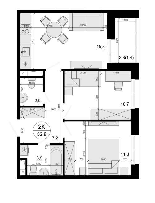 2-комн., 51.4 м², 14/14 этаж, ЖК «Одинцовские Кварталы Эволюция»