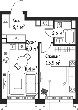 2-комн., 39.9 м², 42/59 этаж, ЖК «СЕТ»