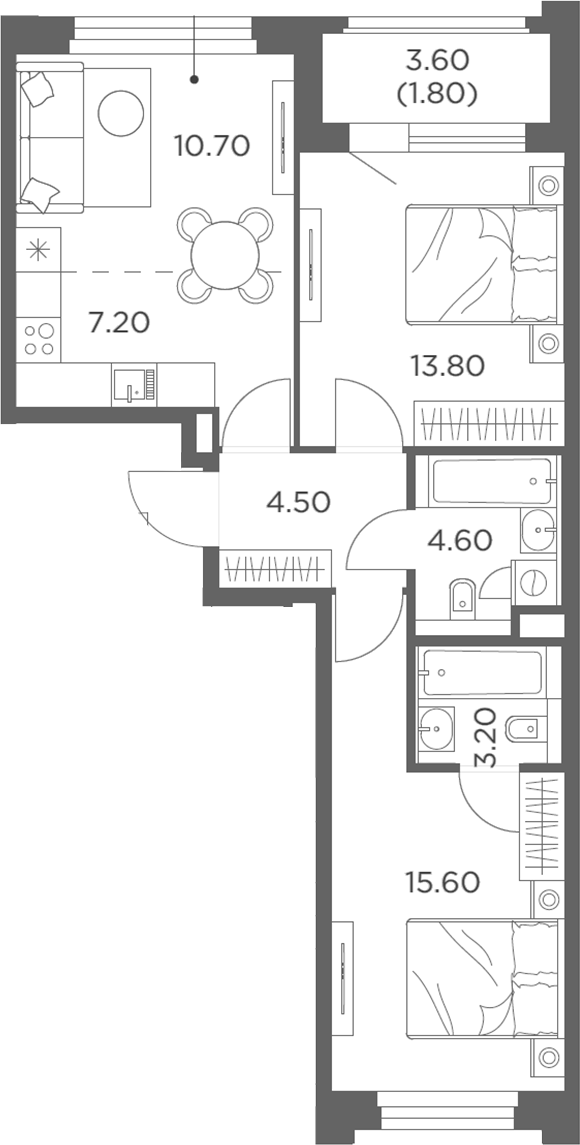 3-комн., 59.6 м², 6/20 этаж, ЖК «Белый Град»