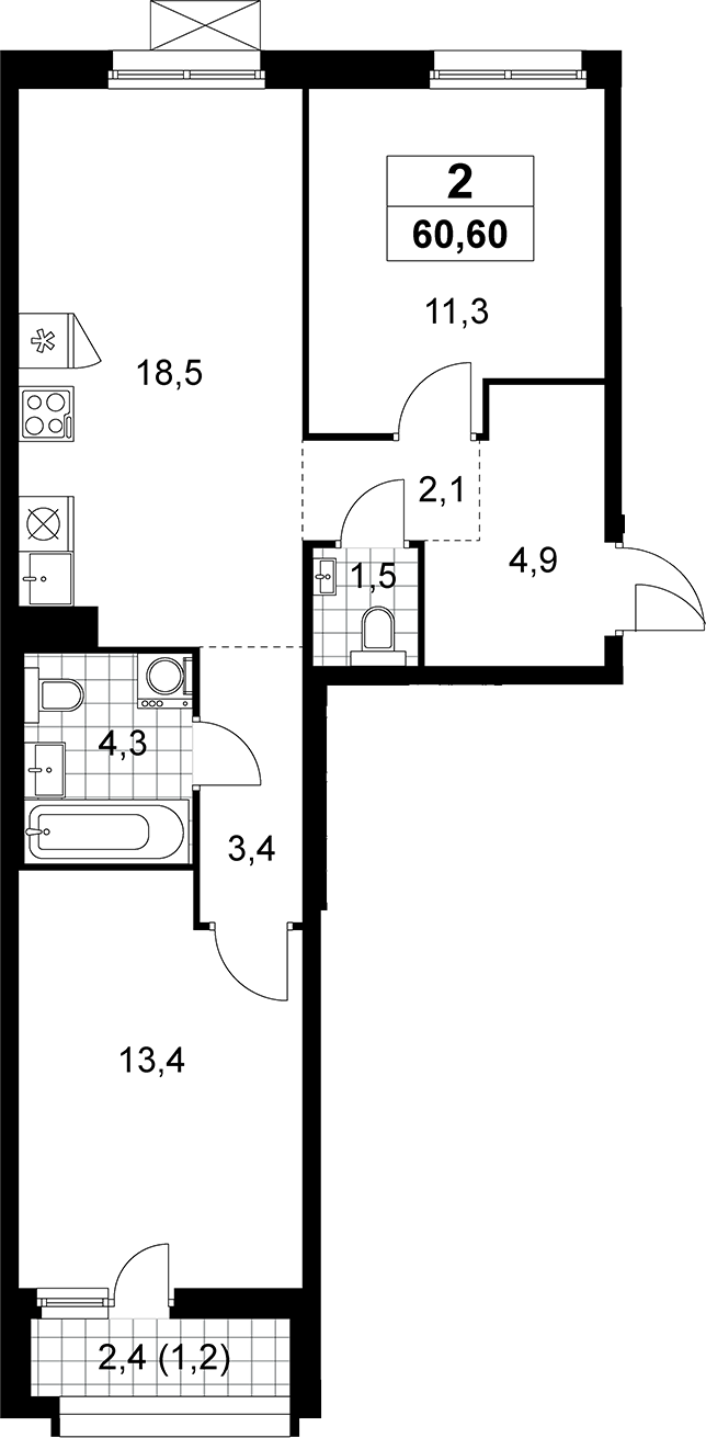 3-комн., 59.4 м², 10/13 этаж, ЖК «Прокшино»
