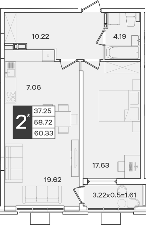 2-комн., 58.72 м², 9/18 этаж, ЖК «Сюжеты»