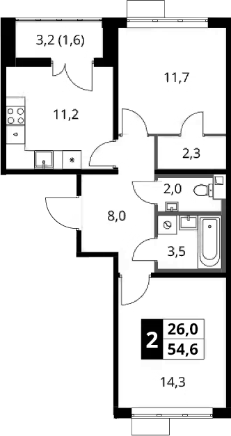 2-комн., 53 м², 12/16 этаж, ЖК «1-й Шереметьевский»