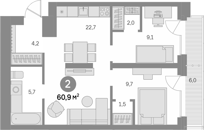 2-комн., 54.9 м², 4/24 этаж, ЖК «Квартал Издание»