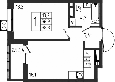 1-комн., 36.9 м², 6/10 этаж, ЖК «Берег»
