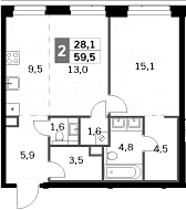 2-комн., 59.5 м², 42/47 этаж, ЖК «Амбер Сити»