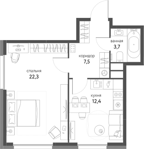 1-комн., 45.9 м², 13/25 этаж, ЖК «Сиреневый парк»