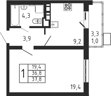 1-комн., 36.8 м², 8/9 этаж, ЖК «Пироговская ривьера. Мытищи»