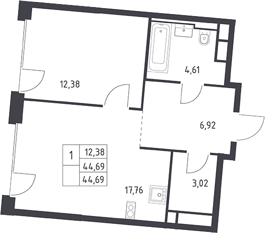 2-комн., 44.69 м², 5/7 этаж, ЖК «Квартал на воде»