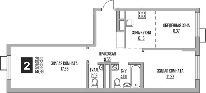 2-комн., 58.99 м², 2/16 этаж, ЖК «Гранель Алексеевская роща»