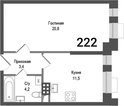 1-комн., 39.9 м², 2/4 этаж, ЖК «Киноквартал»