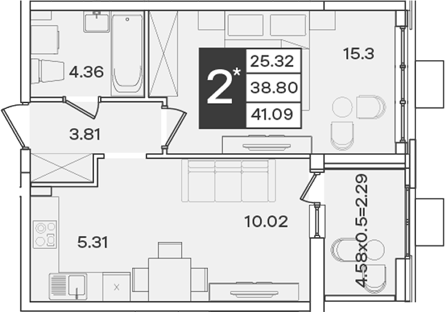 2-комн., 38.8 м², 2/9 этаж, ЖК «Сюжеты»