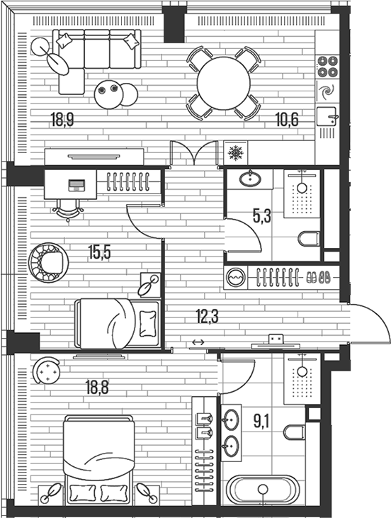3-комн., 90.5 м², 22/47 этаж, ЖК «HIGH LIFE»