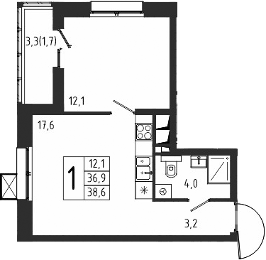 1-комн., 36.9 м², 8/10 этаж, ЖК «Берег»