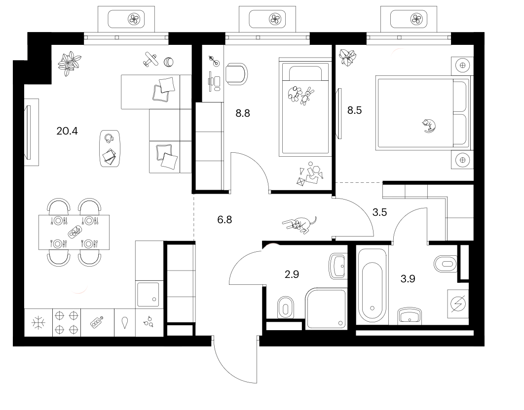 2-комн., 54.8 м², 3/12 этаж, ЖК «Белая Дача парк»