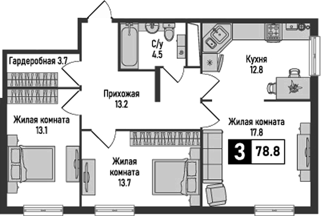 3-комн. Живописный
