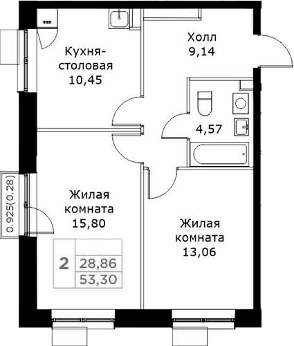 2-комн., 53.02 м², 23/25 этаж, ЖК «КИТ»