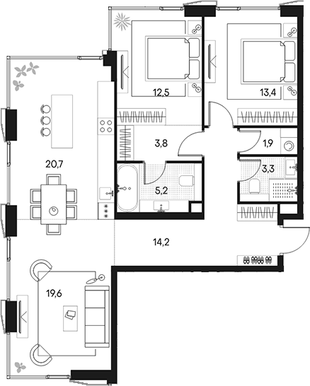3-комн., 94.6 м², 14/20 этаж, ЖК «Клубный город на реке Примавера»