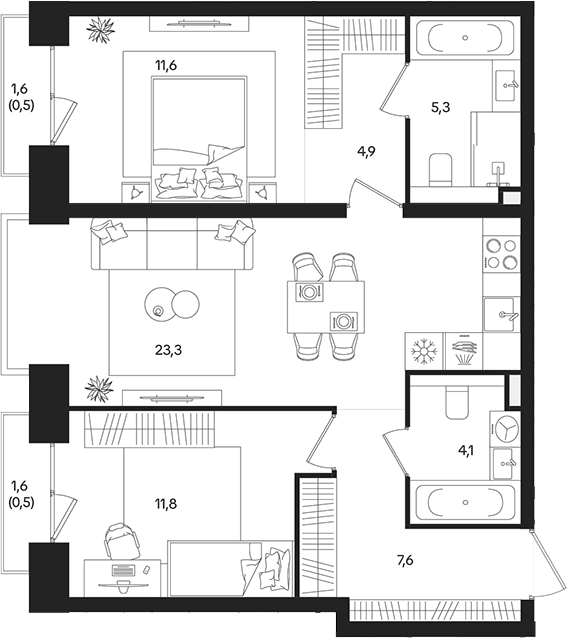 3-комн., 68.6 м², 16/27 этаж, ЖК «ТАТУМ»