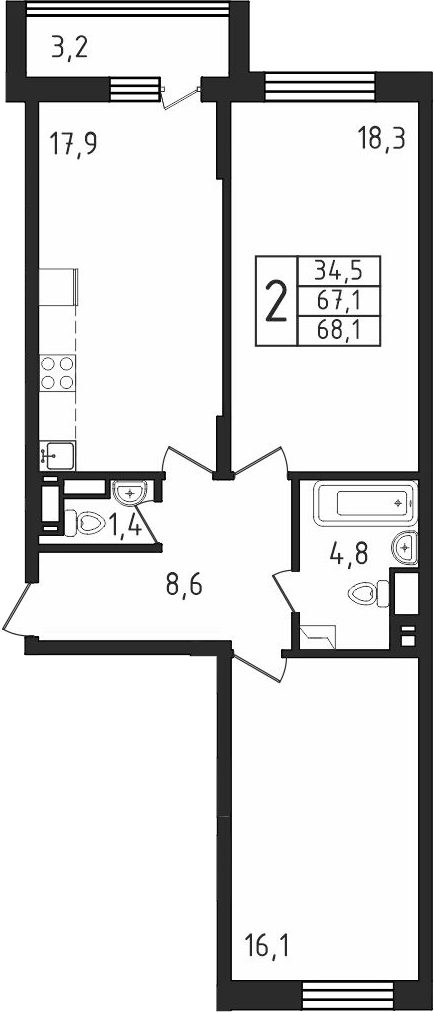 2-комн., 67.34 м², 9/9 этаж, ЖК «Пироговская ривьера. Мытищи»