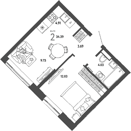 2-комн., 34.39 м², 14/25 этаж, ЖК «Страна.Парковая»