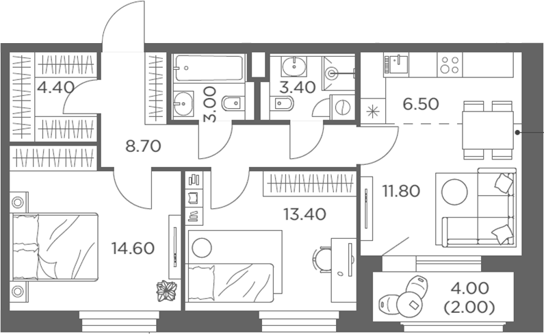 3-комн., 65.8 м², 2/20 этаж, ЖК «Белый Град»