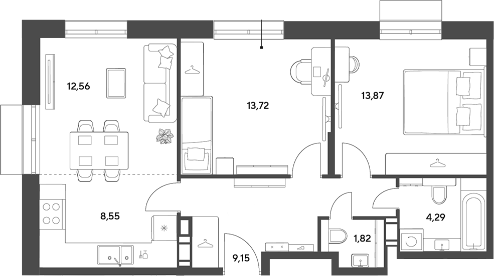 3-комн., 63.96 м², 7/15 этаж, ЖК «Публицист»