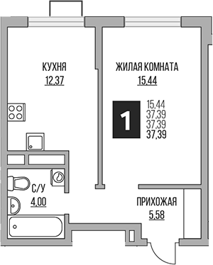 1-комн., 37.39 м², 15/16 этаж, ЖК «Гранель Алексеевская роща»