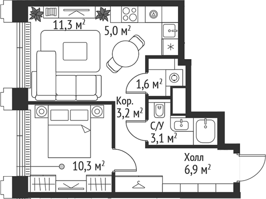 2-комн., 41.4 м², 15/45 этаж, ЖК «СЕТ»
