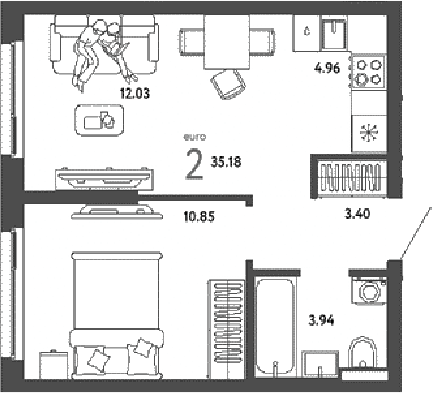 2-комн., 35.18 м², 16/16 этаж, ЖК «Страна.Парковая»