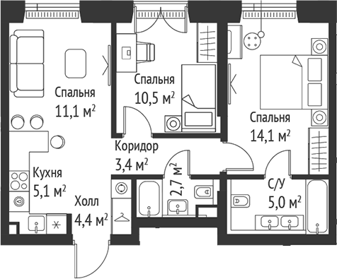 3-комн., 56.1 м², 7/59 этаж, ЖК «СЕТ»