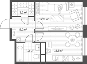 1-комн., 36.9 м², 2/12 этаж, ЖК «Аристов Берег»