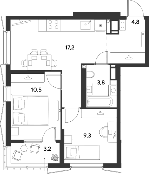 2-комн., 45.6 м², 8/18 этаж, ЖК «Ридз»
