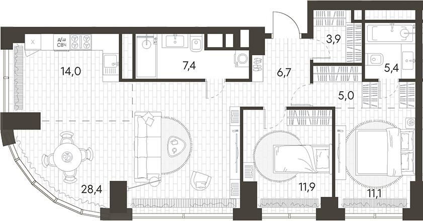 3-комн., 93.8 м², 13/34 этаж, ЖК «Родина Парк»