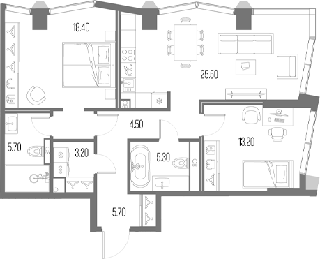 2-комн., 81.5 м², 52/58 этаж, ЖК «Северный Порт»