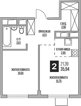 2-комн., 35.94 м², 12/14 этаж, ЖК «Гранель Аникеевский»